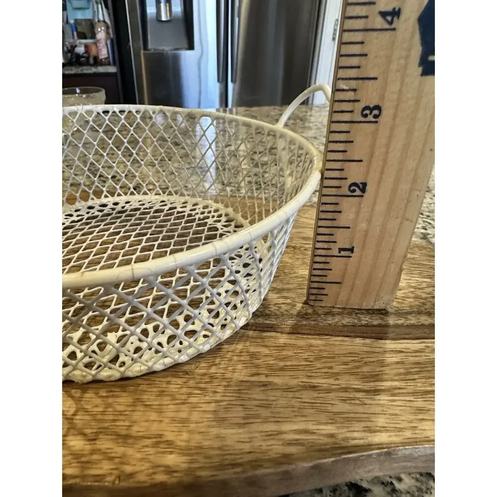 White Farmhouse Wire Mesh Round Basket Lightweight 7” Heart Handles